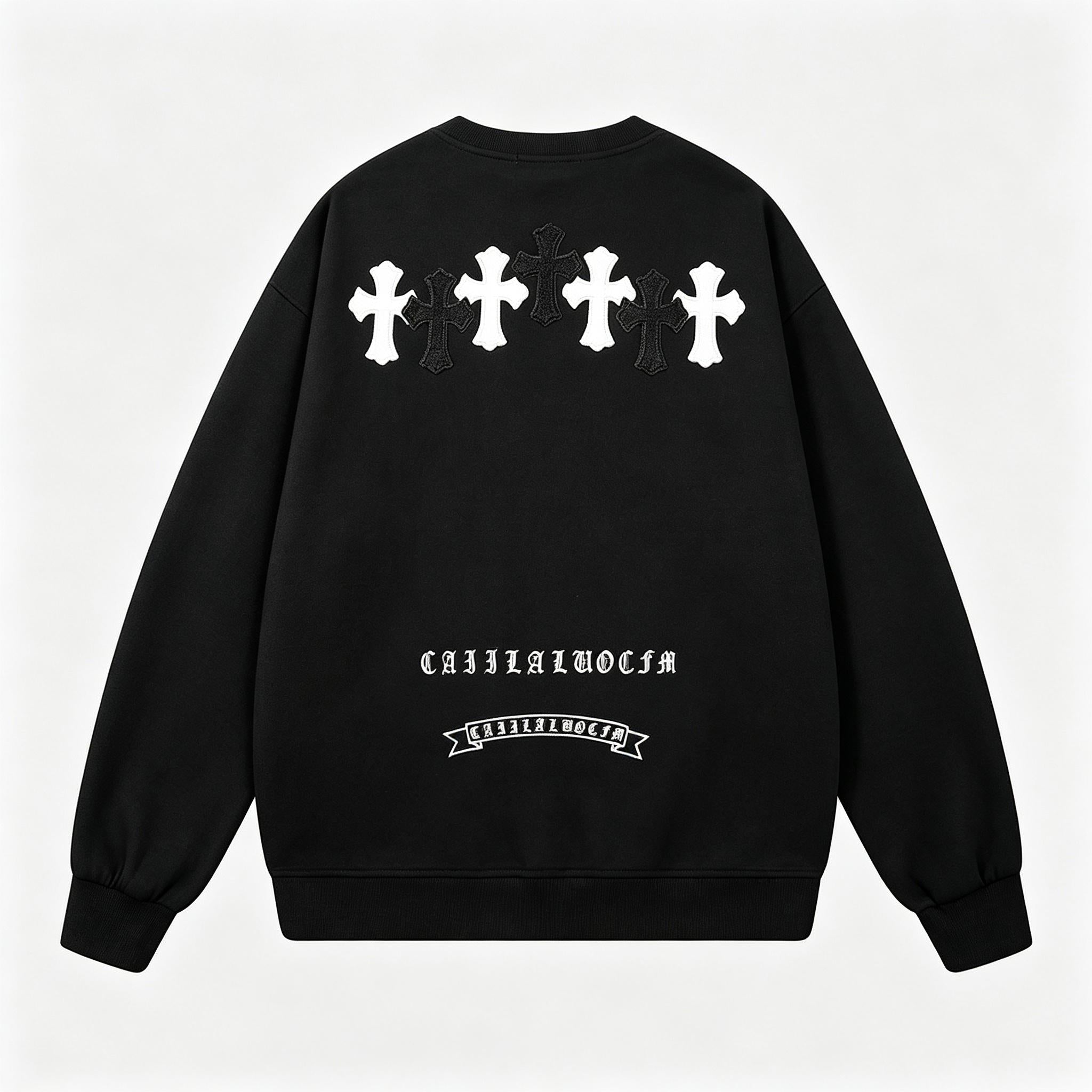 Men's Gothic Cross Sweatshirt | Patchwork Embroidery Y2K Streetwear | Heavyweight Cotton Oversized Pullover