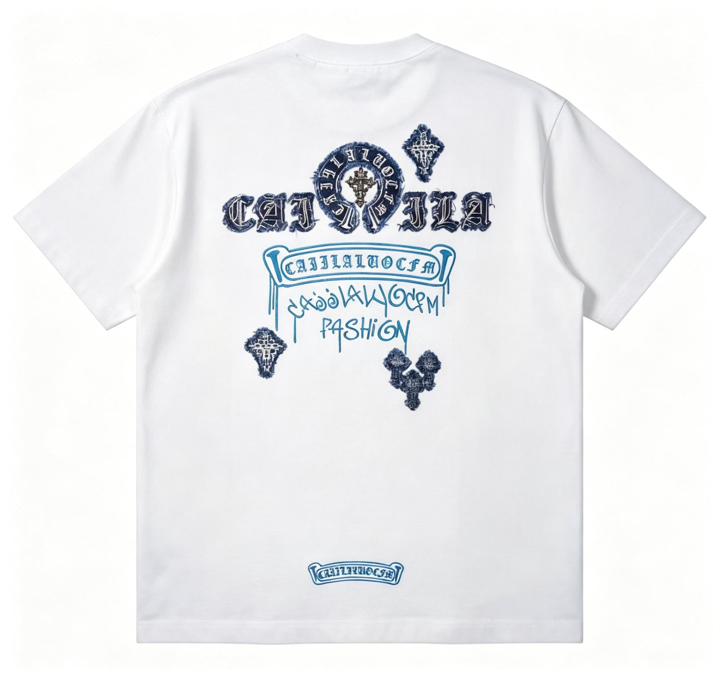 100% Cotton Heavyweight Feel! Retro Gothic Cross Denim Patchwork T-Shirt Men's Summer Loose Boxy Fit Street Hip-Hop Tee Top