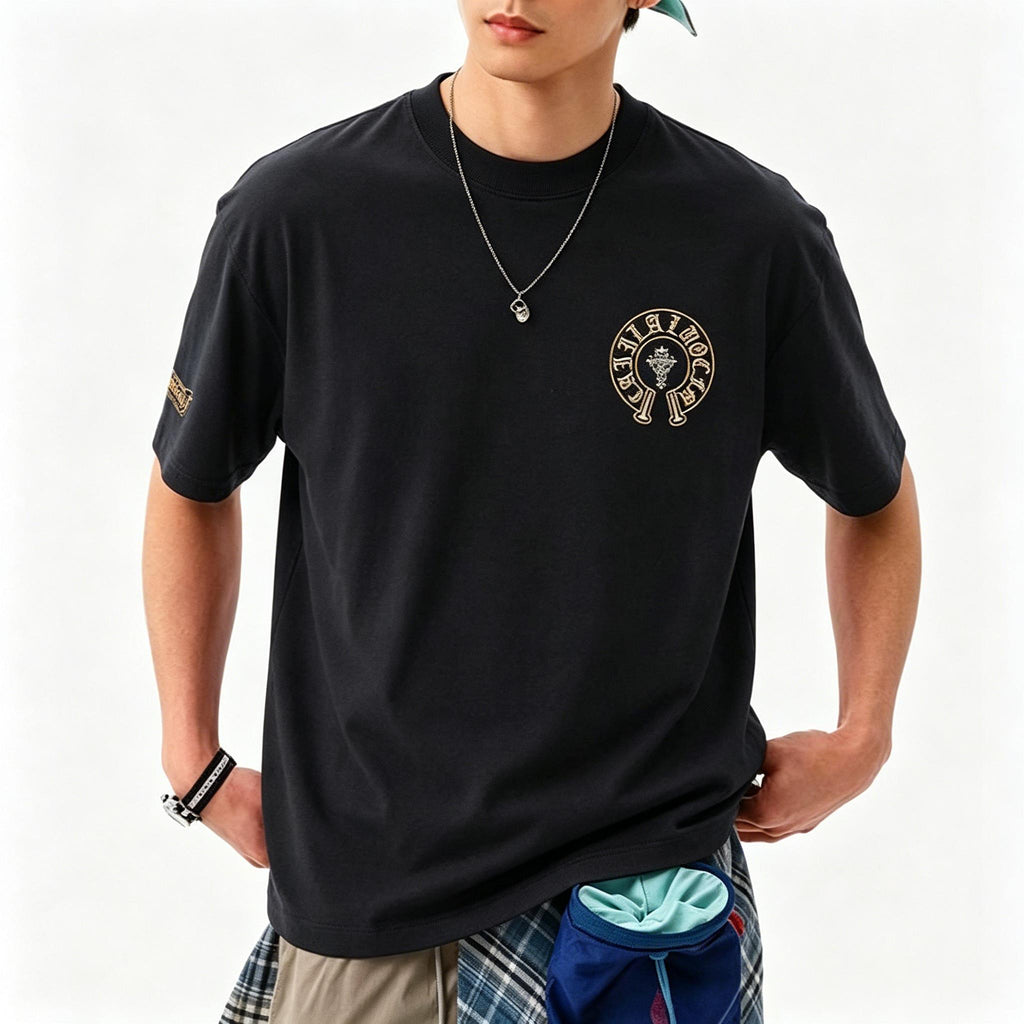 100% Cotton High Street Gold & Black Gothic Cross Patchwork T-Shirt Men's Women's Oversize Loose Fit Heavyweight Unisex Couple Streetwear Tee