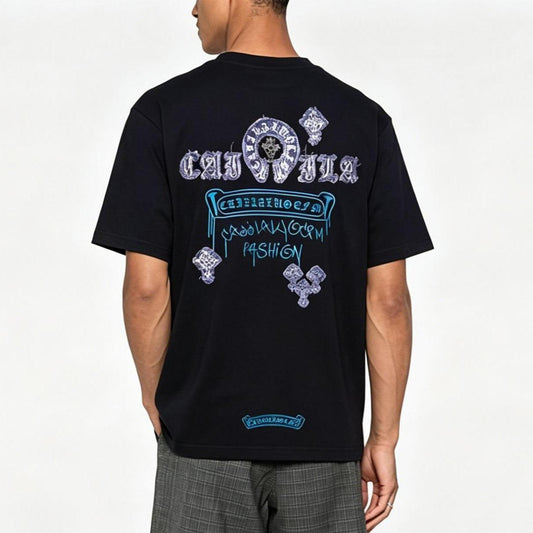 100% Cotton Heavyweight Feel! Retro Gothic Cross Denim Patchwork T-Shirt Men's Summer Loose Boxy Fit Street Hip-Hop Tee Top