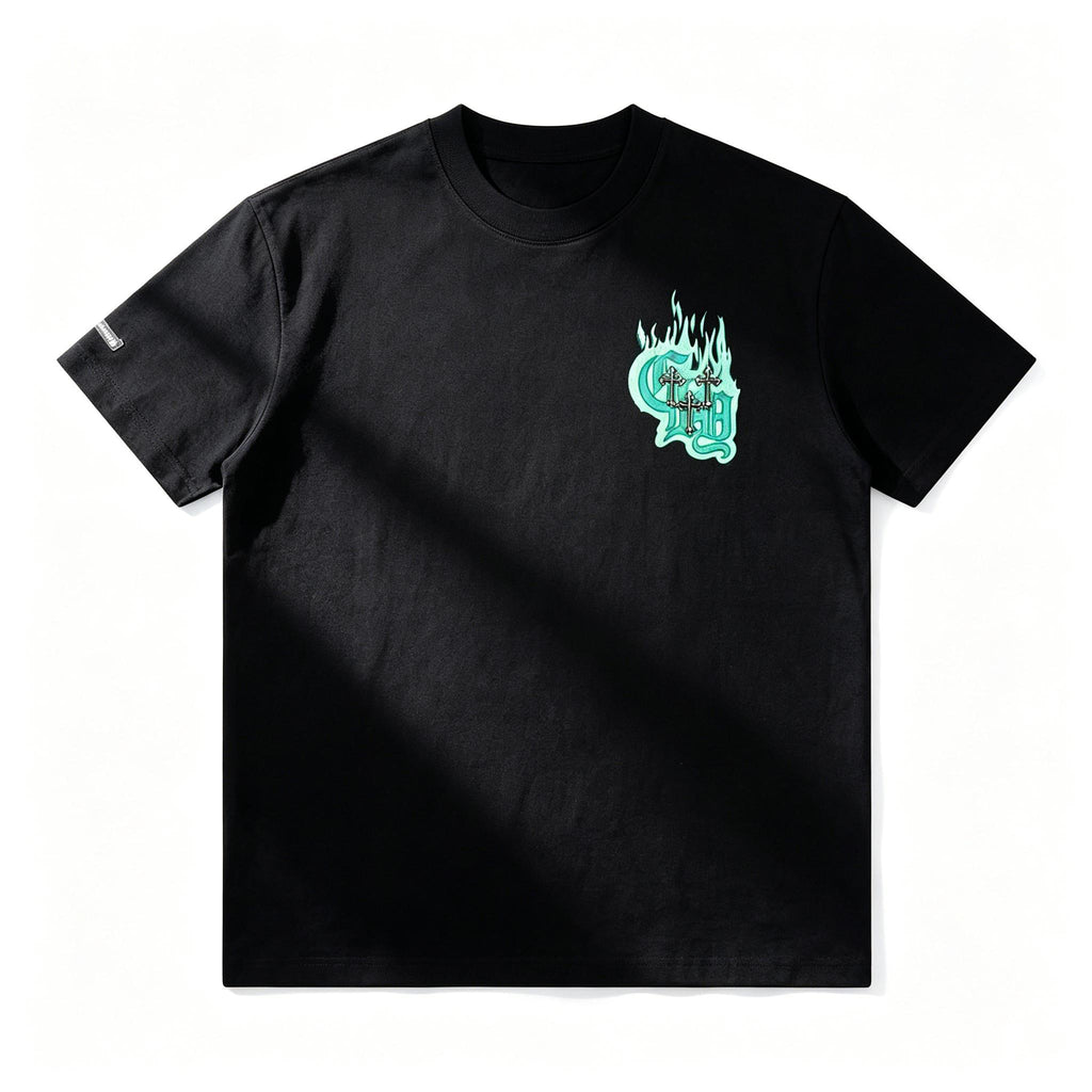 Trendy New Men's T Shirt | 3D Mint Green Flame Horseshoe Pattern | 300g Heavy Cotton High grade Short Sleeve | Korean Style Loose Streetwear