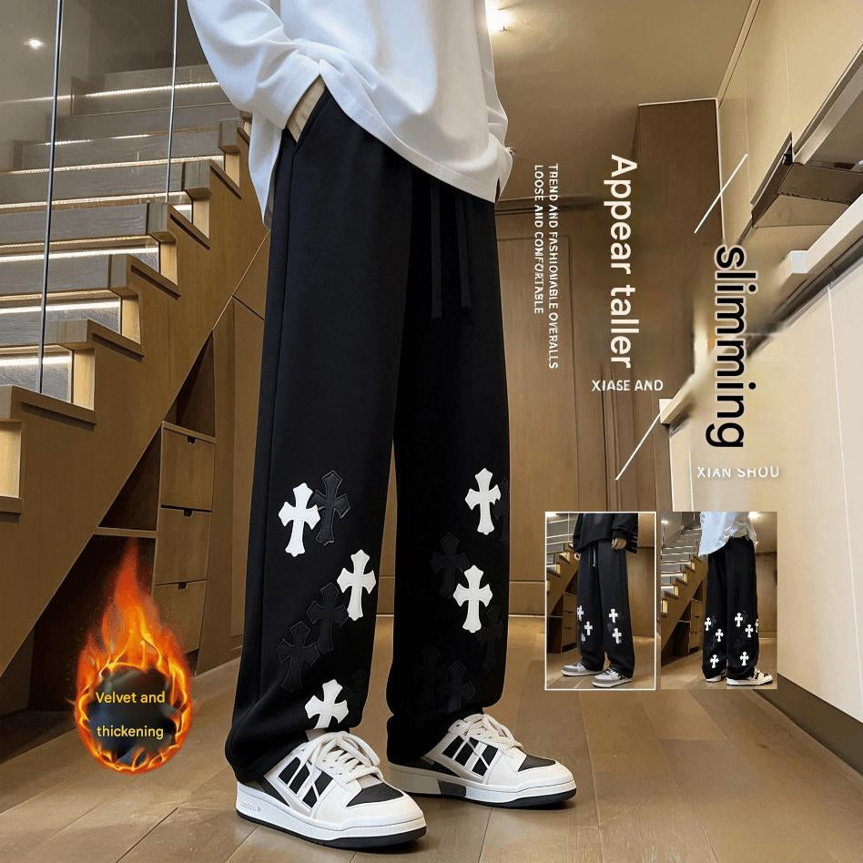 Chrome Hearts Streetwear Sweatpants with Lychee Leather Cross Patches | Men & Women Baggy Joggers | Y2K High Street Loose Trousers | Ready Stock SG