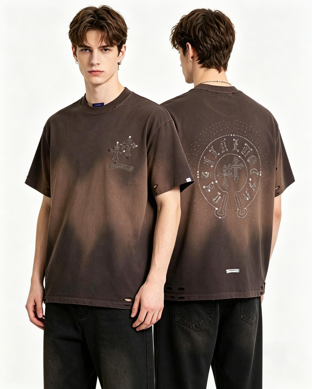 100% Cotton High Street Retro Washed Distressed T Shirt Men's Women's Rhinestone Cross Gradient Heavyweight Short Sleeve Oversize Unisex Tee