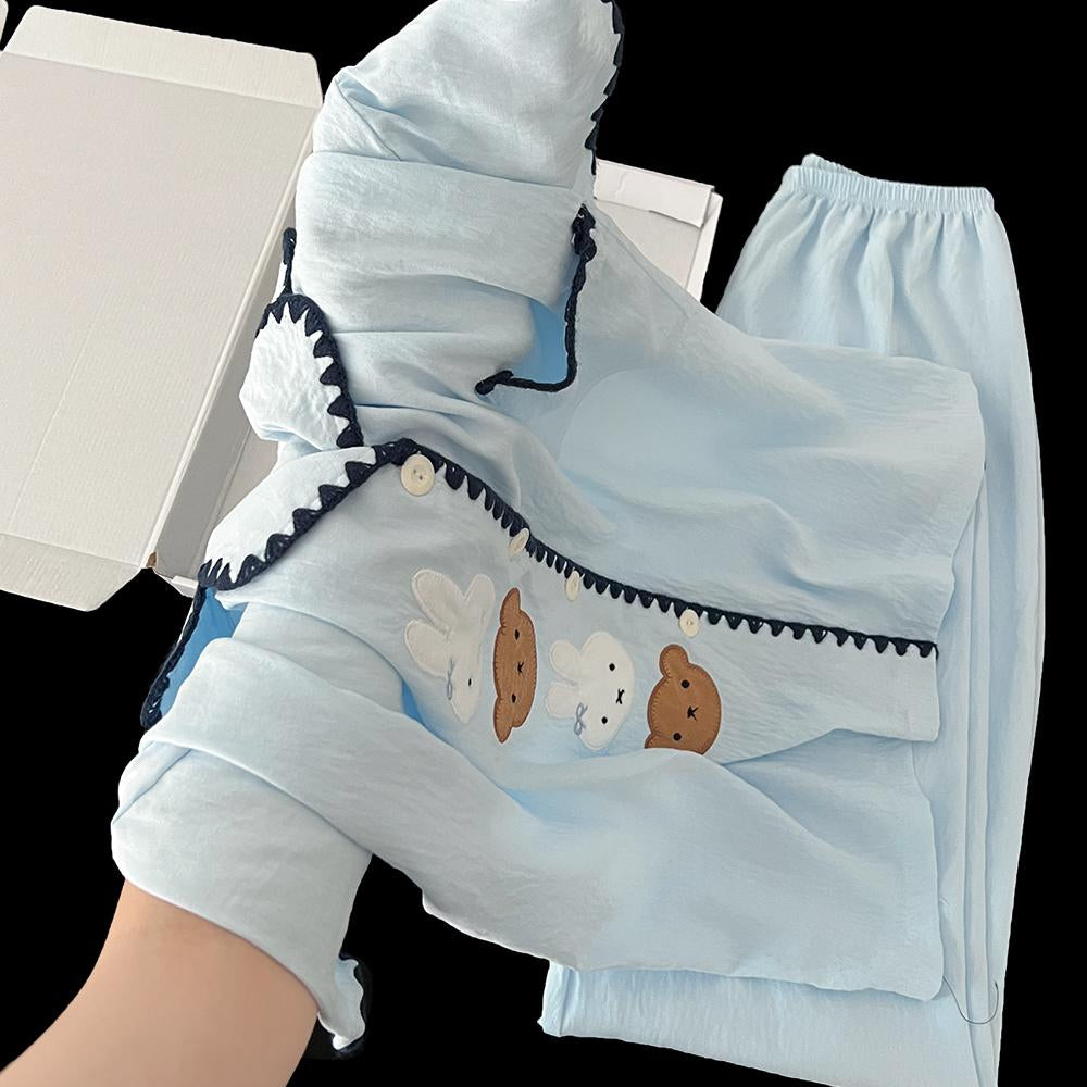 Korean Baby Blue Embroidered Animal Scallop-Trim Short-Sleeve Sleepwear | Crinkle Cotton Button-Up Shirt Elastic Pants Loungewear Women Girls Baju Tidur