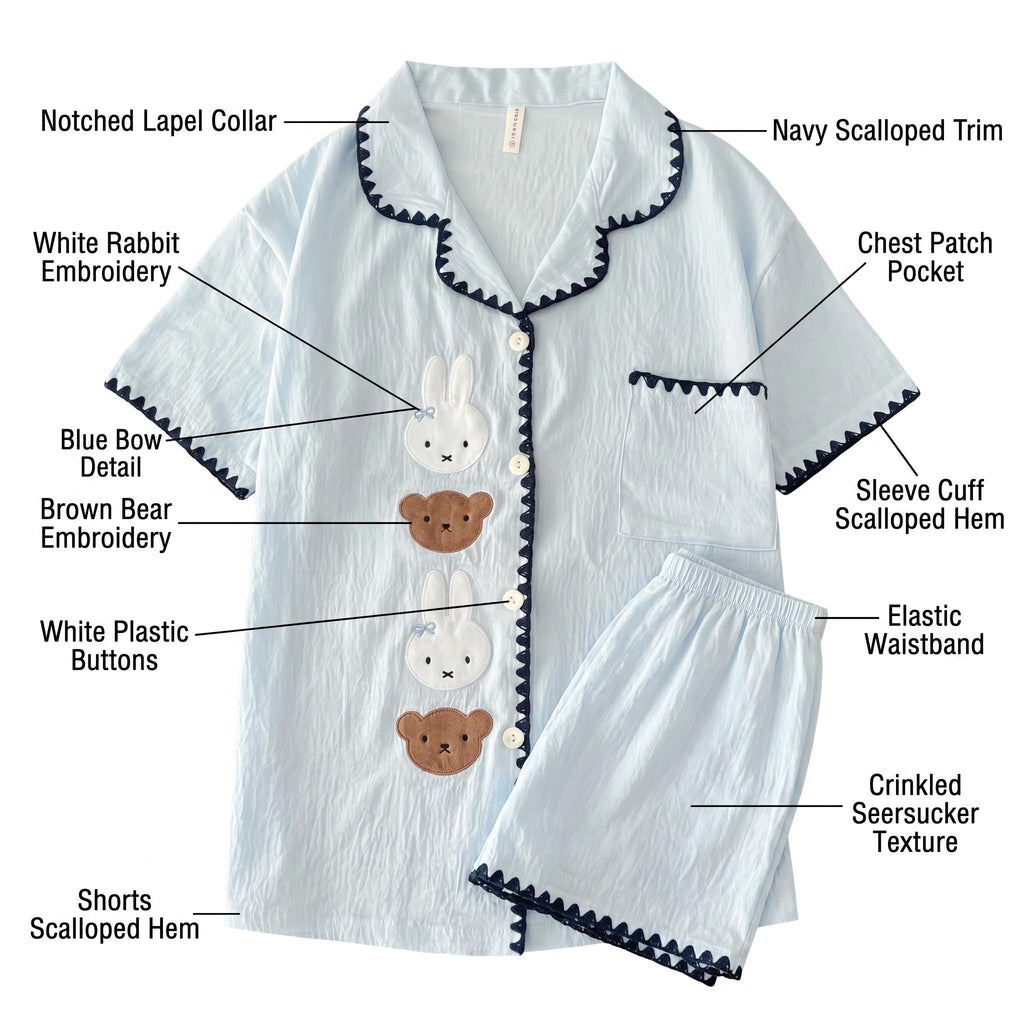Korean Baby Blue Embroidered Animal Scallop-Trim Short-Sleeve Sleepwear | Crinkle Cotton Button-Up Shirt Elastic Pants Loungewear Women Girls Baju Tidur
