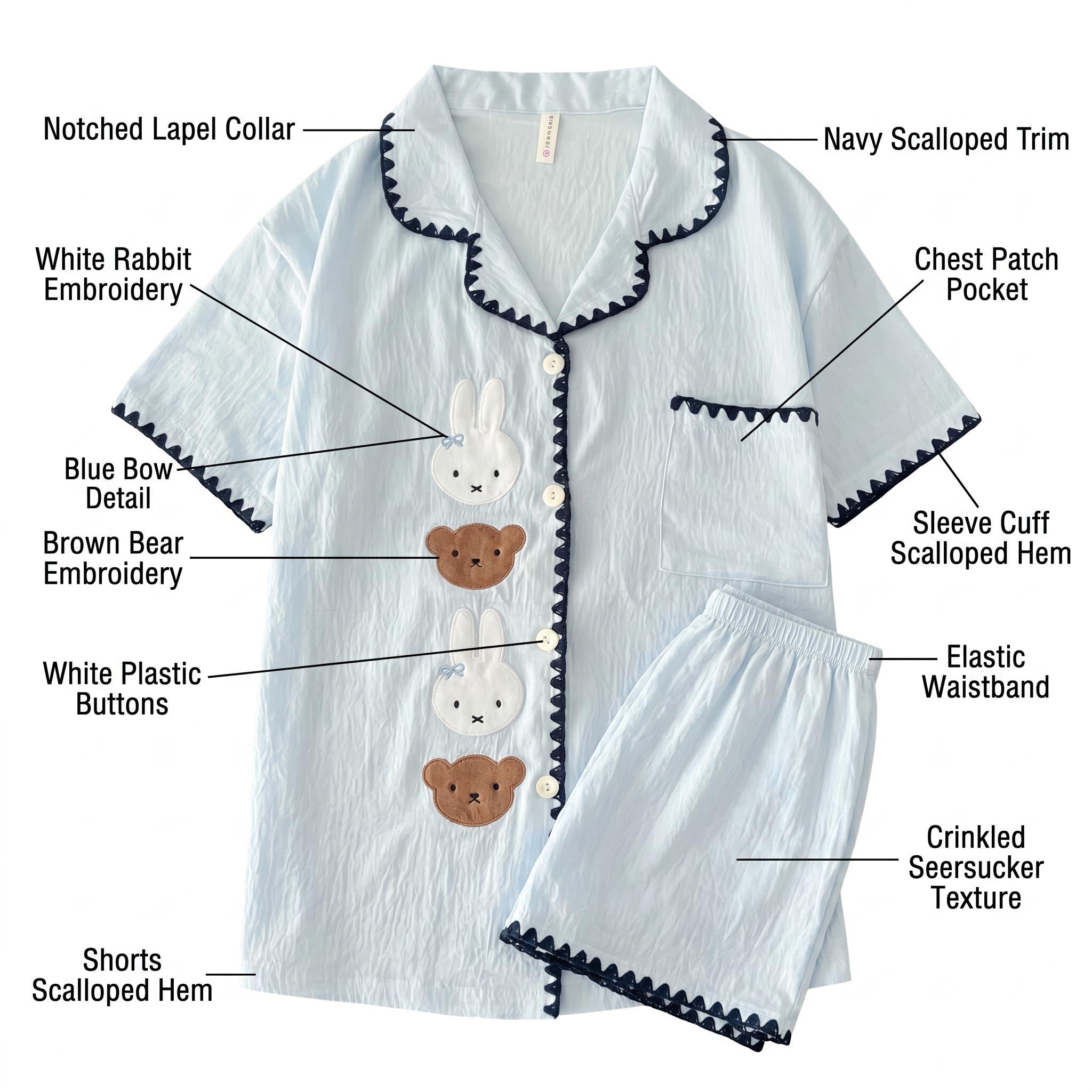 Korean Baby Blue Embroidered Animal Scallop-Trim Short-Sleeve Sleepwear | Crinkle Cotton Button-Up Shirt Elastic Pants Loungewear Women Girls Baju Tidur