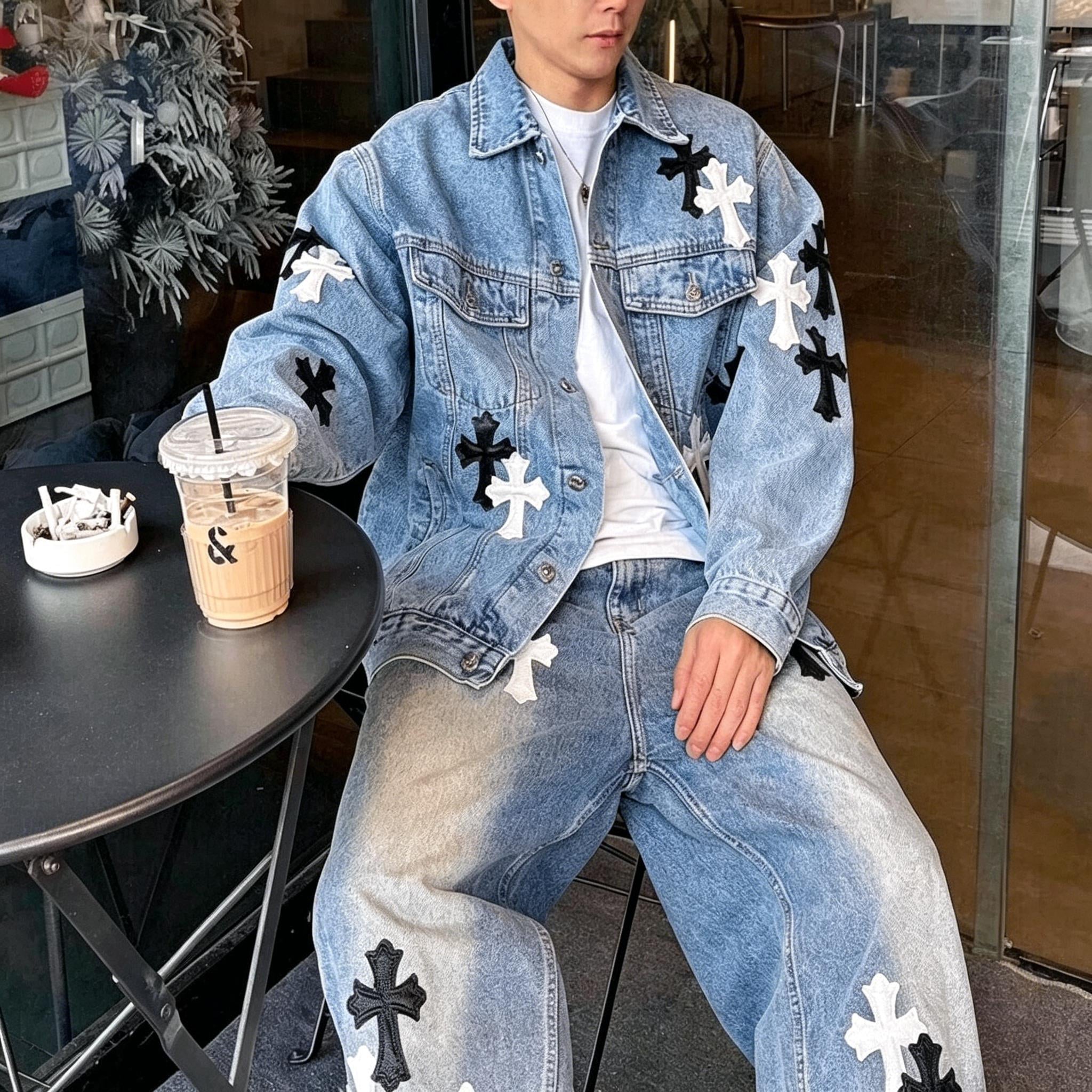 Men's Gothic Cross Denim Jacket | Y2K Streetwear Patchwork Embroidery Coat | Premium Washed Blue Black Jean Jacket
