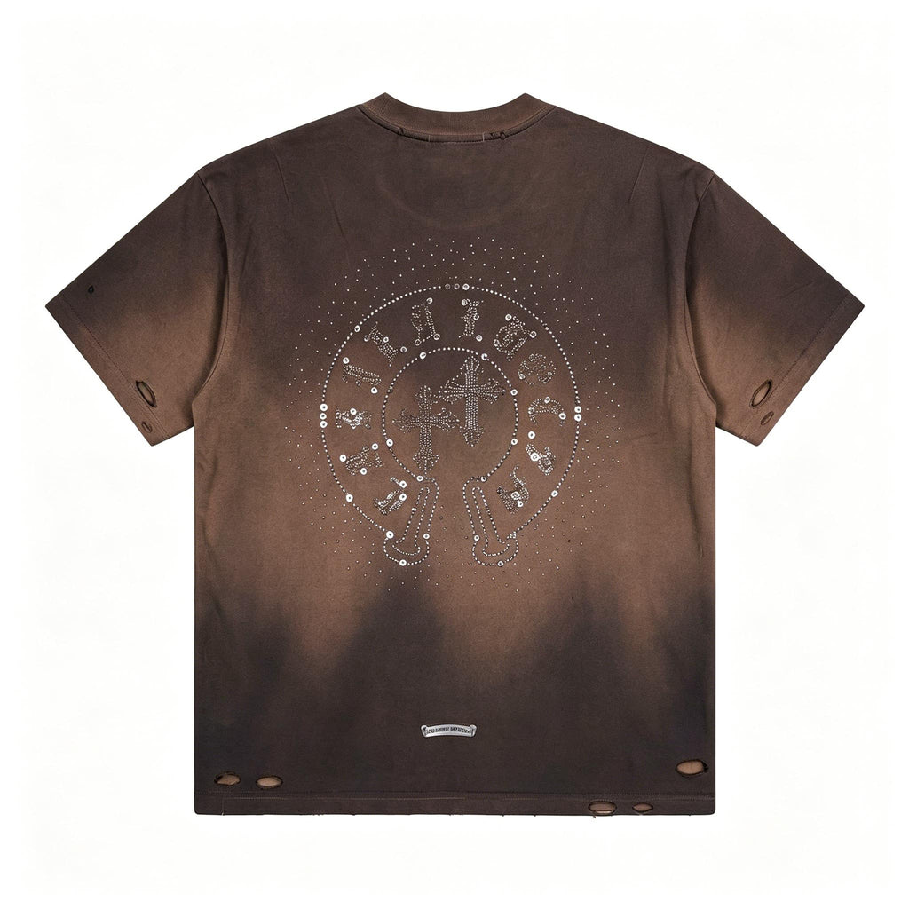 100% Cotton High Street Retro Washed Distressed T Shirt Men's Women's Rhinestone Cross Gradient Heavyweight Short Sleeve Oversize Unisex Tee