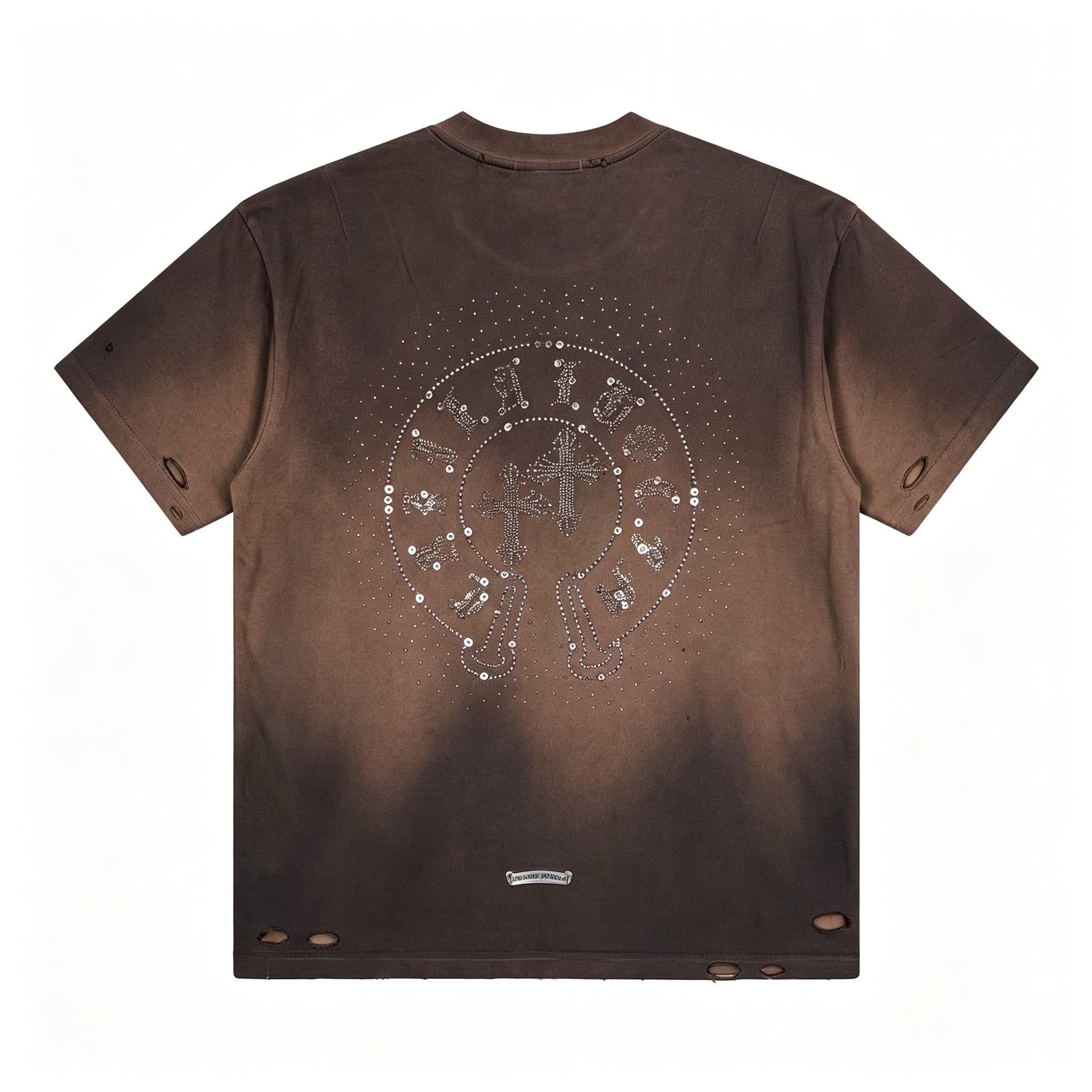 100% Cotton High Street Retro Washed Distressed T Shirt Men's Women's Rhinestone Cross Gradient Heavyweight Short Sleeve Oversize Unisex Tee
