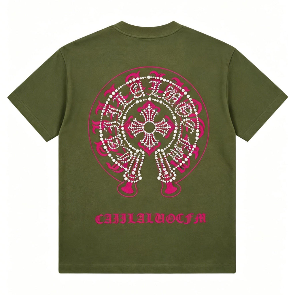 100% Cotton Heavyweight Feel! Retro Vibe Rhinestone Horseshoe T Shirt Men's Summer Boxy Fit Loose Streetwear Unisex Top