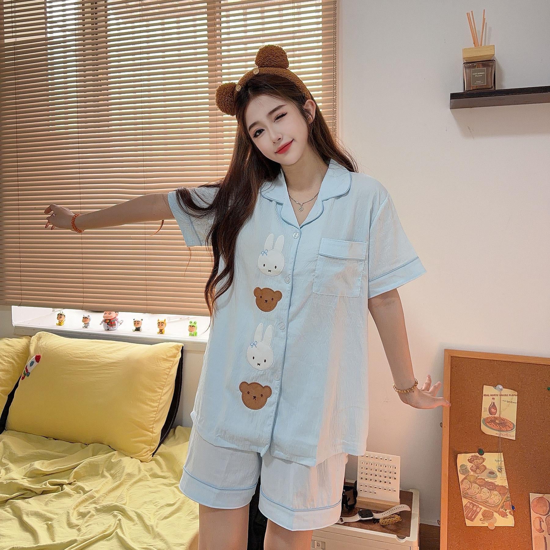 Korean Baby Blue Embroidered Animal Scallop-Trim Short-Sleeve Sleepwear | Crinkle Cotton Button-Up Shirt Elastic Pants Loungewear Women Girls Baju Tidur