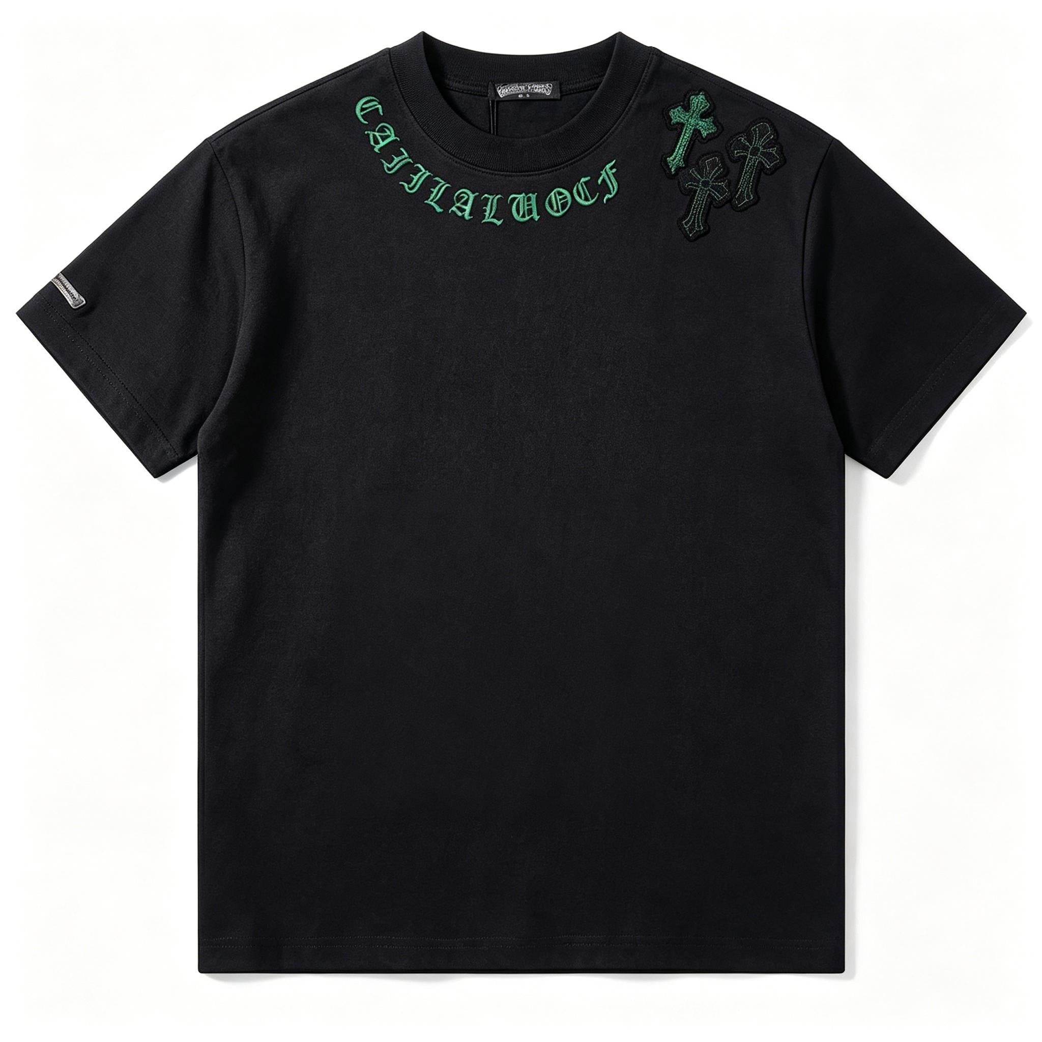 100% Cotton High Street Green & Black Gothic Cross Embroidered T Shirt Men's Women's Oversize Loose Fit Unisex Couple Streetwear Tee