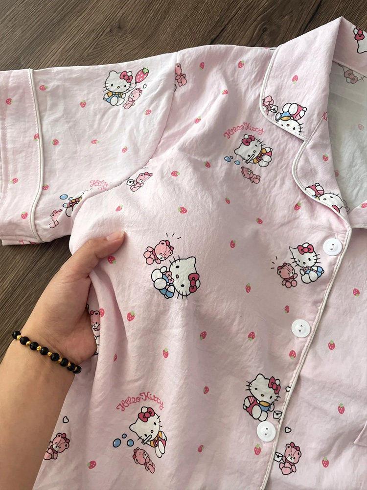 女士粉紅色波點卡通貓咪睡衣－柔軟泡泡棉家居服，居家辦公、視訊通話、睡衣派對及旅行皆宜的舒適睡衣