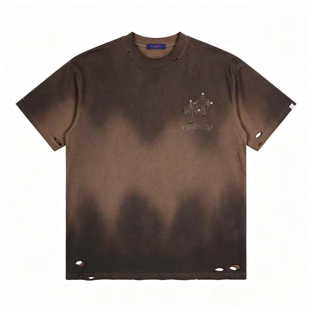 100% Cotton High Street Retro Washed Distressed T Shirt Men's Women's Rhinestone Cross Gradient Heavyweight Short Sleeve Oversize Unisex Tee