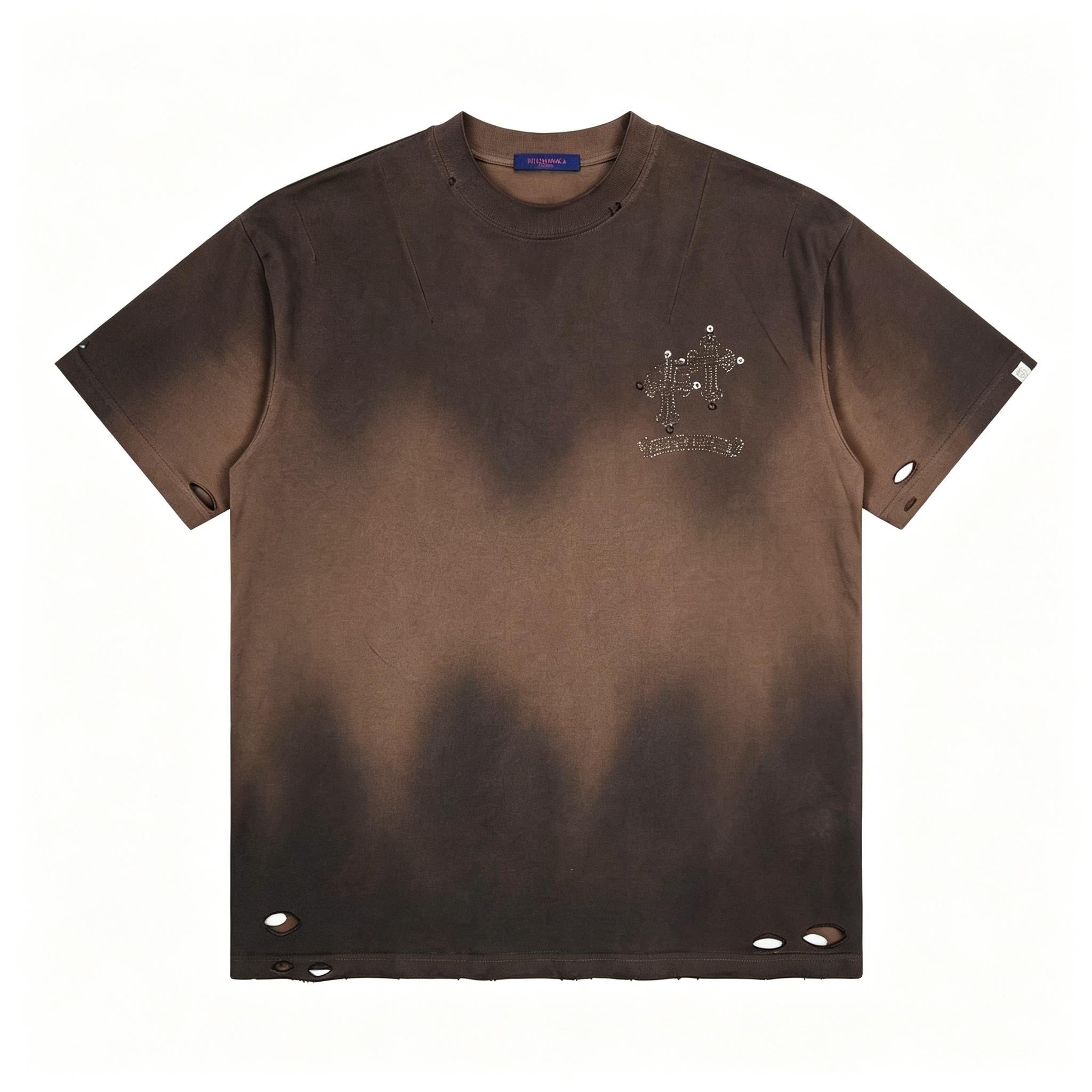 100% Cotton High Street Retro Washed Distressed T Shirt Men's Women's Rhinestone Cross Gradient Heavyweight Short Sleeve Oversize Unisex Tee