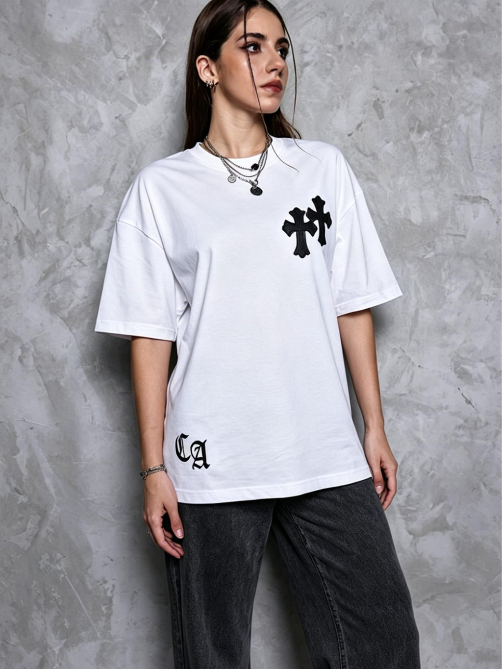 Premium 250g Liquid Water Soft Cotton Tee | Detailed Applique Embroidery | High end Cross Pattern | Comfortable Loose Tee Plus Size M 3XL