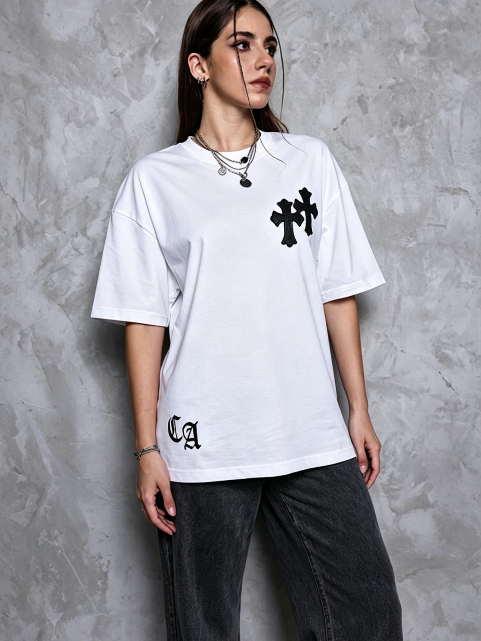Premium 250g Liquid Water Soft Cotton Tee | Detailed Applique Embroidery | High end Cross Pattern | Comfortable Loose Tee Plus Size M 3XL