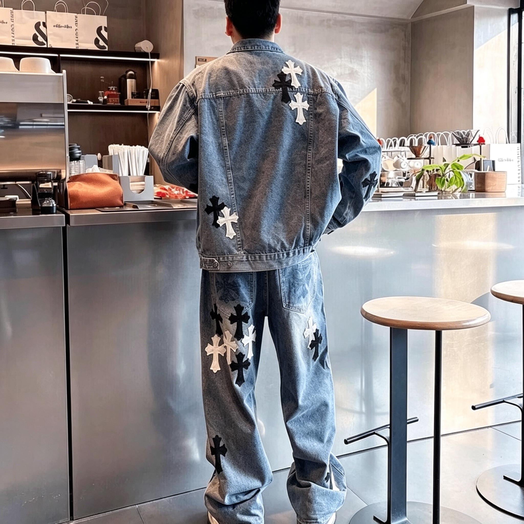Men's Gothic Cross Denim Jacket | Y2K Streetwear Patchwork Embroidery Coat | Premium Washed Blue Black Jean Jacket