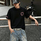 100% Cotton High Street Collar Embroidery T-Shirt Men's Women's Oversize Loose Fit Heavyweight Unisex Couple Streetwear Tee Black/Pink