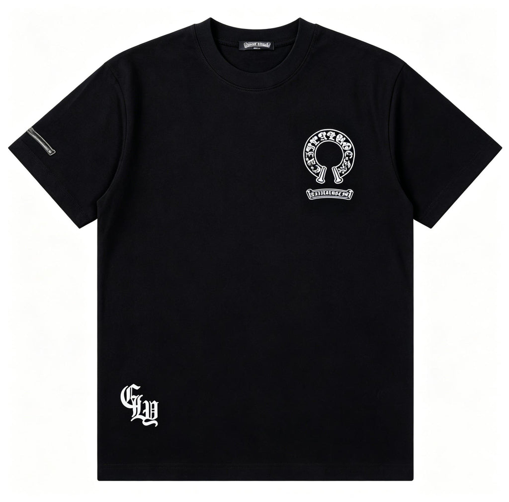Heavyweight Pure Cotton Black T Shirt Men's | Retro Boxy Fit Streetwear | Gothic Letter Print with Sleeve Zipper | Premium Comfortable Casual Top