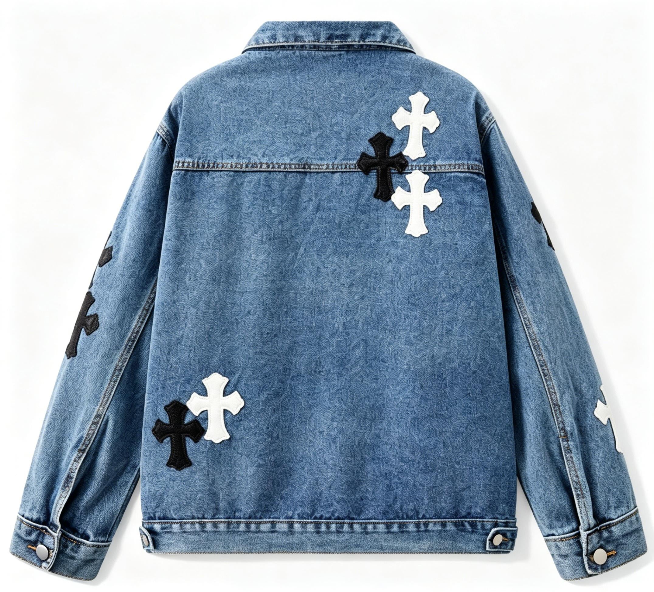 Men's Gothic Cross Denim Jacket | Y2K Streetwear Patchwork Embroidery Coat | Premium Washed Blue Black Jean Jacket