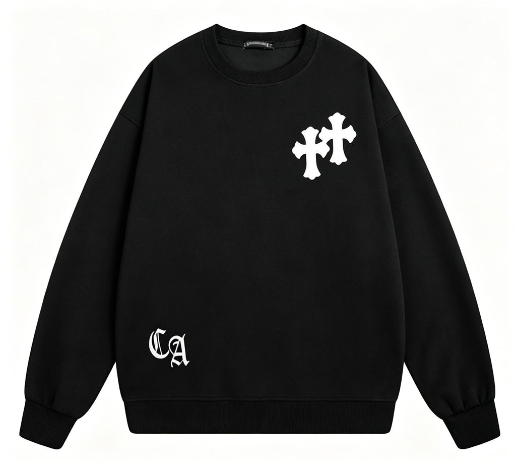 Men's Gothic Cross Sweatshirt | Patchwork Embroidery Y2K Streetwear | Heavyweight Cotton Oversized Pullover