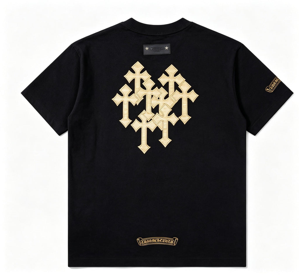 100% Cotton High Street Gold & Black Gothic Cross Patchwork T-Shirt Men's Women's Oversize Loose Fit Heavyweight Unisex Couple Streetwear Tee