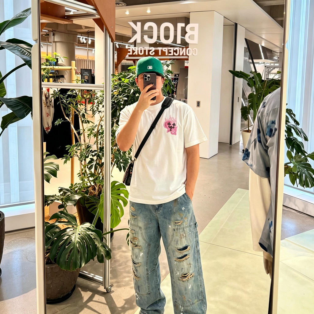 Trendy New Men's T Shirt | 3D Mint Green Flame Horseshoe Pattern | 300g Heavy Cotton High grade Short Sleeve | Korean Style Loose Streetwear