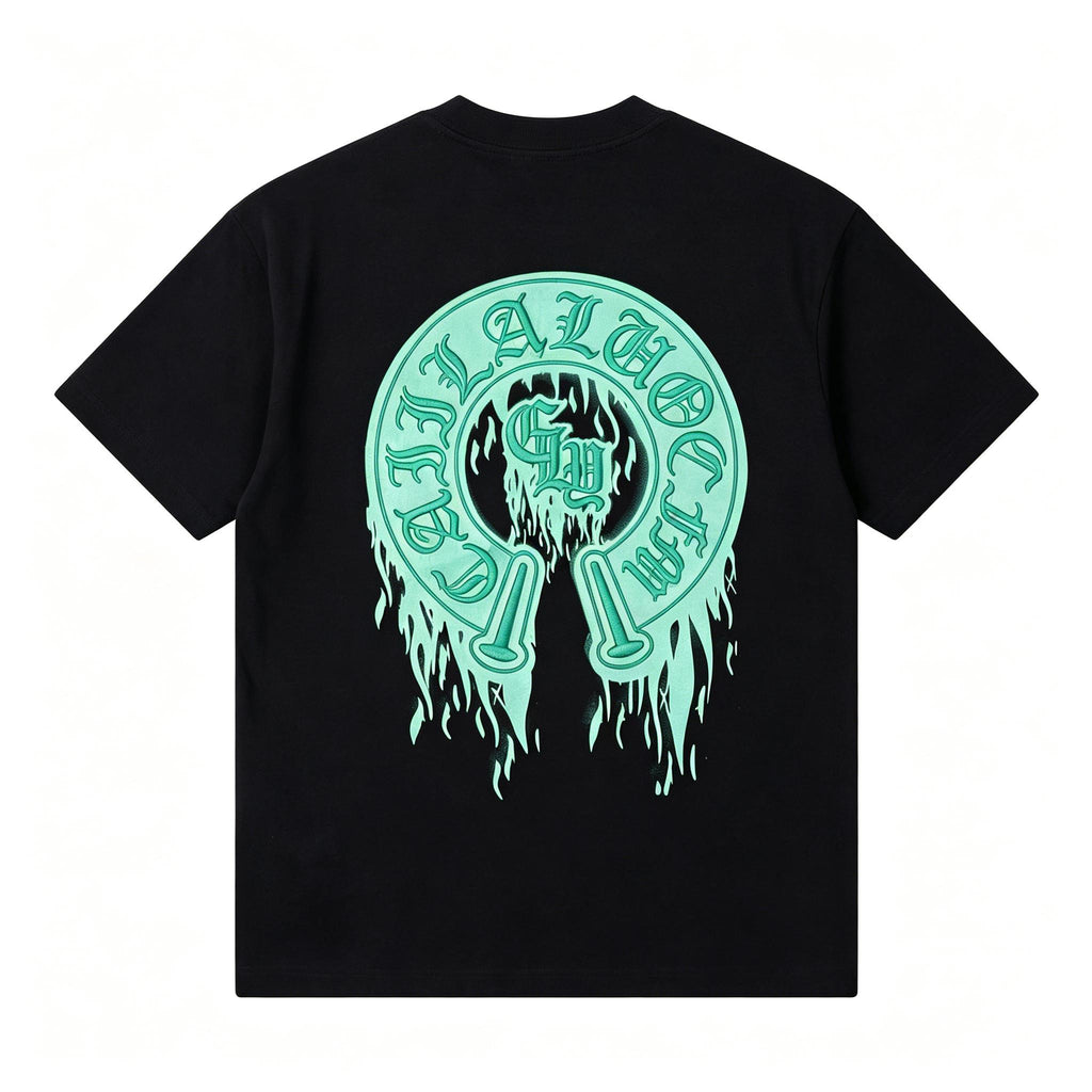 Trendy New Men's T Shirt | 3D Mint Green Flame Horseshoe Pattern | 300g Heavy Cotton High grade Short Sleeve | Korean Style Loose Streetwear
