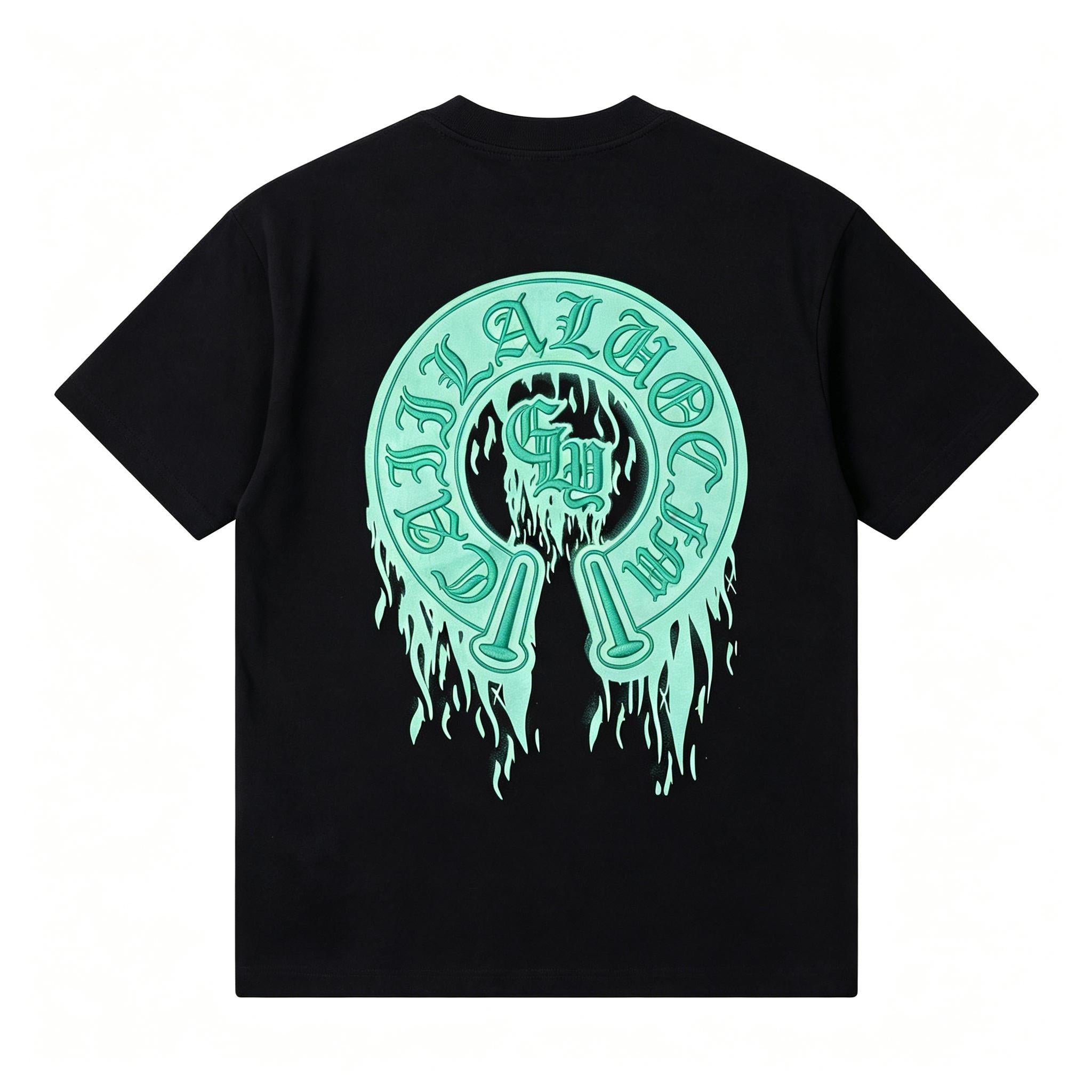 Trendy New Men's T Shirt | 3D Mint Green Flame Horseshoe Pattern | 300g Heavy Cotton High grade Short Sleeve | Korean Style Loose Streetwear