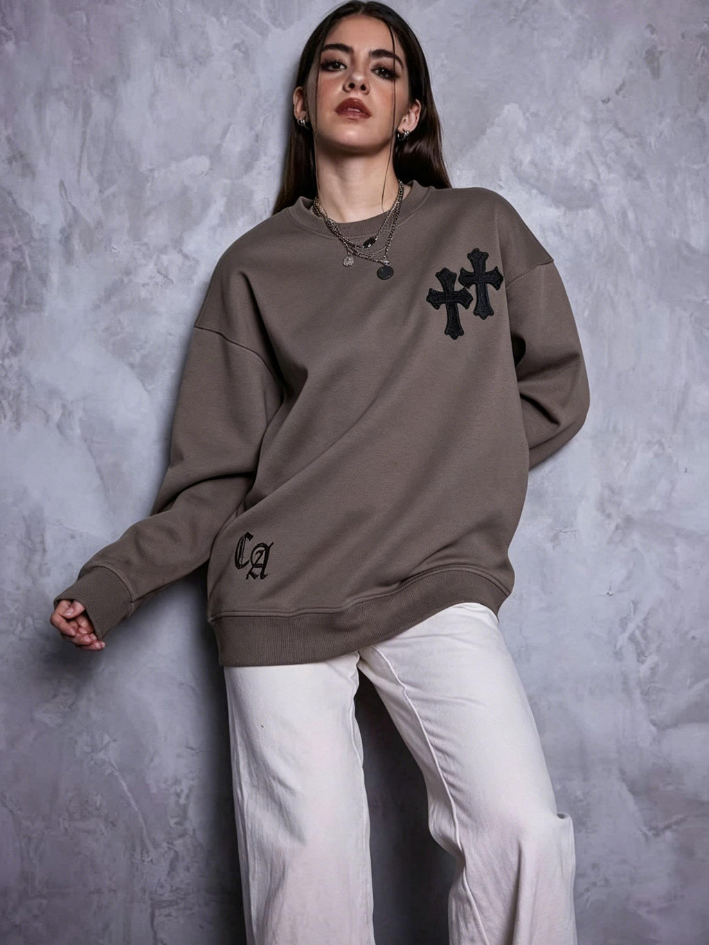 Men's Gothic Cross Sweatshirt | Patchwork Embroidery Y2K Streetwear | Heavyweight Cotton Oversized Pullover