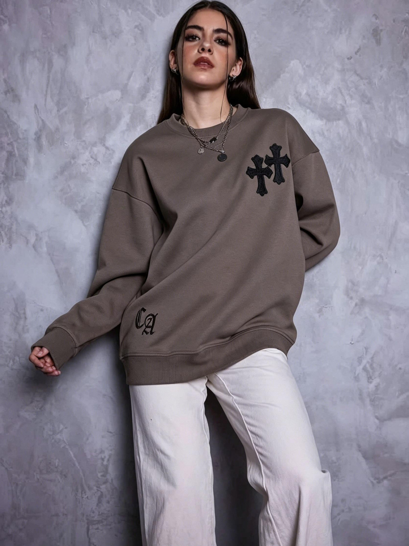 Men's Gothic Cross Sweatshirt | Patchwork Embroidery Y2K Streetwear | Heavyweight Cotton Oversized Pullover