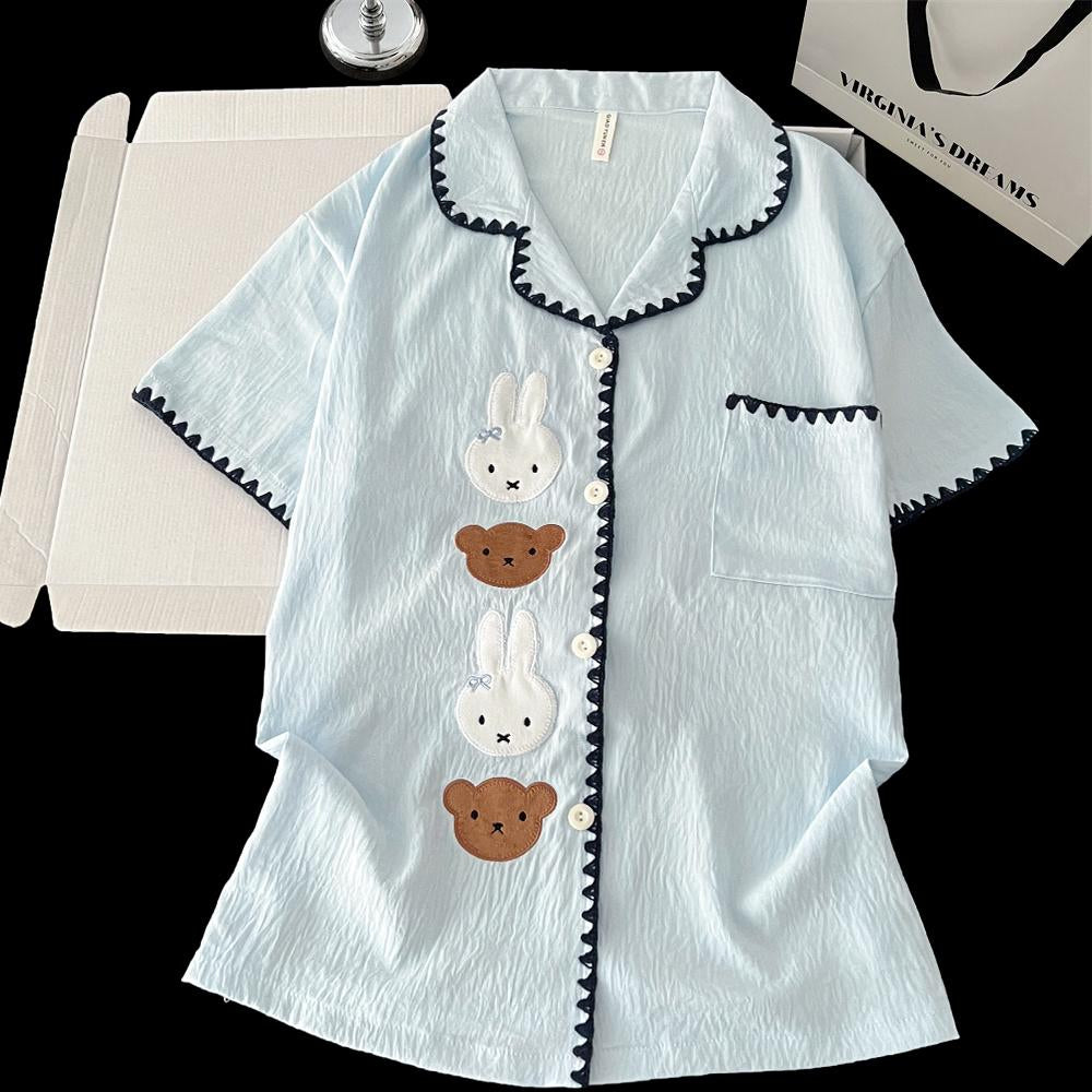 Korean Baby Blue Embroidered Animal Scallop-Trim Short-Sleeve Sleepwear | Crinkle Cotton Button-Up Shirt Elastic Pants Loungewear Women Girls Baju Tidur