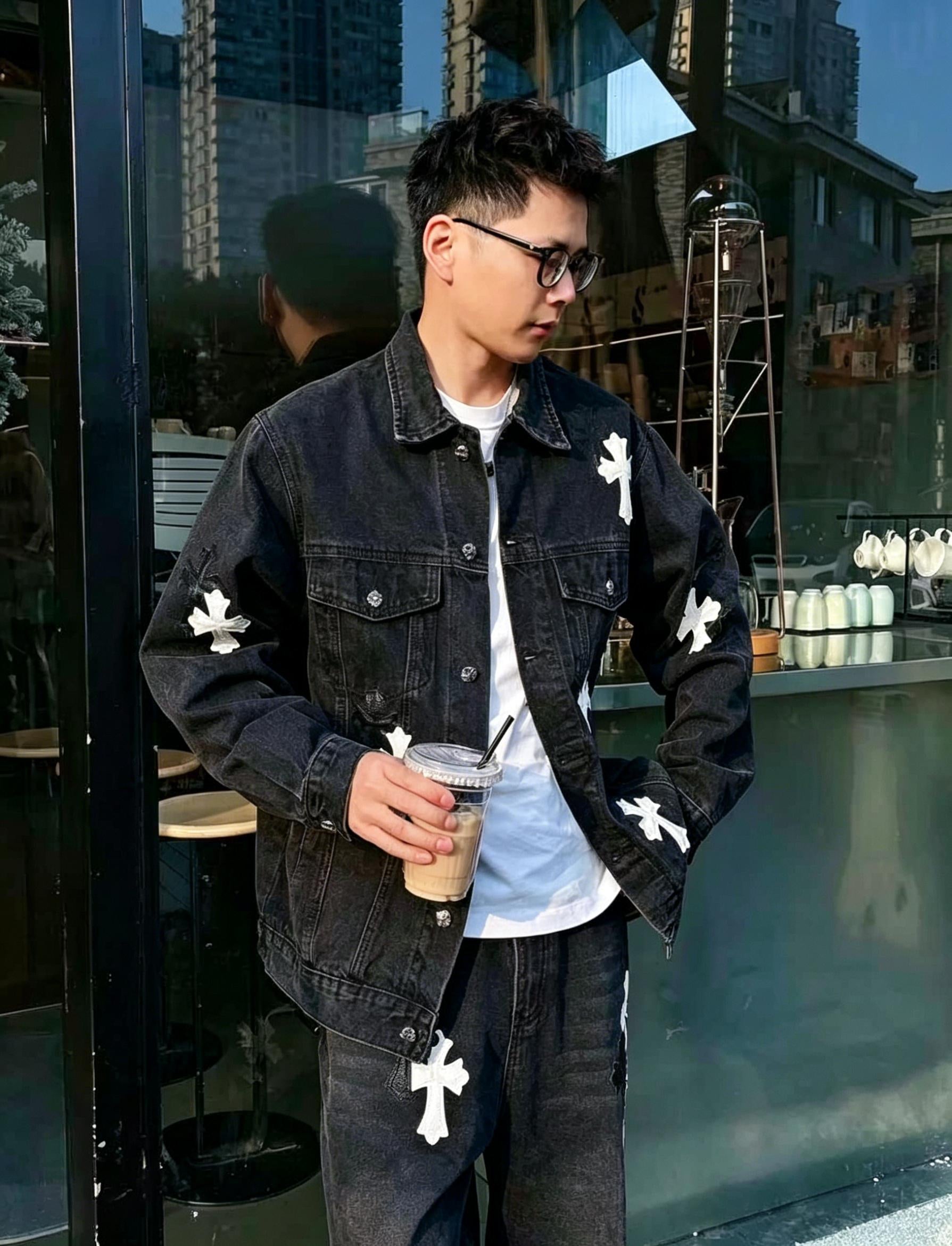 Men's Gothic Cross Denim Jacket | Y2K Streetwear Patchwork Embroidery Coat | Premium Washed Blue Black Jean Jacket