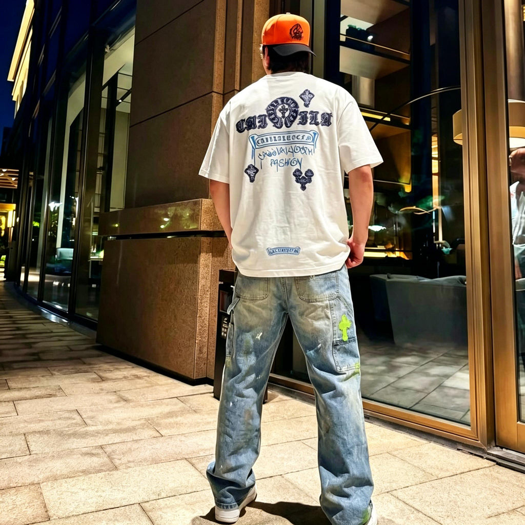 100% Cotton Heavyweight Feel! Retro Gothic Cross Denim Patchwork T-Shirt Men's Summer Loose Boxy Fit Street Hip-Hop Tee Top