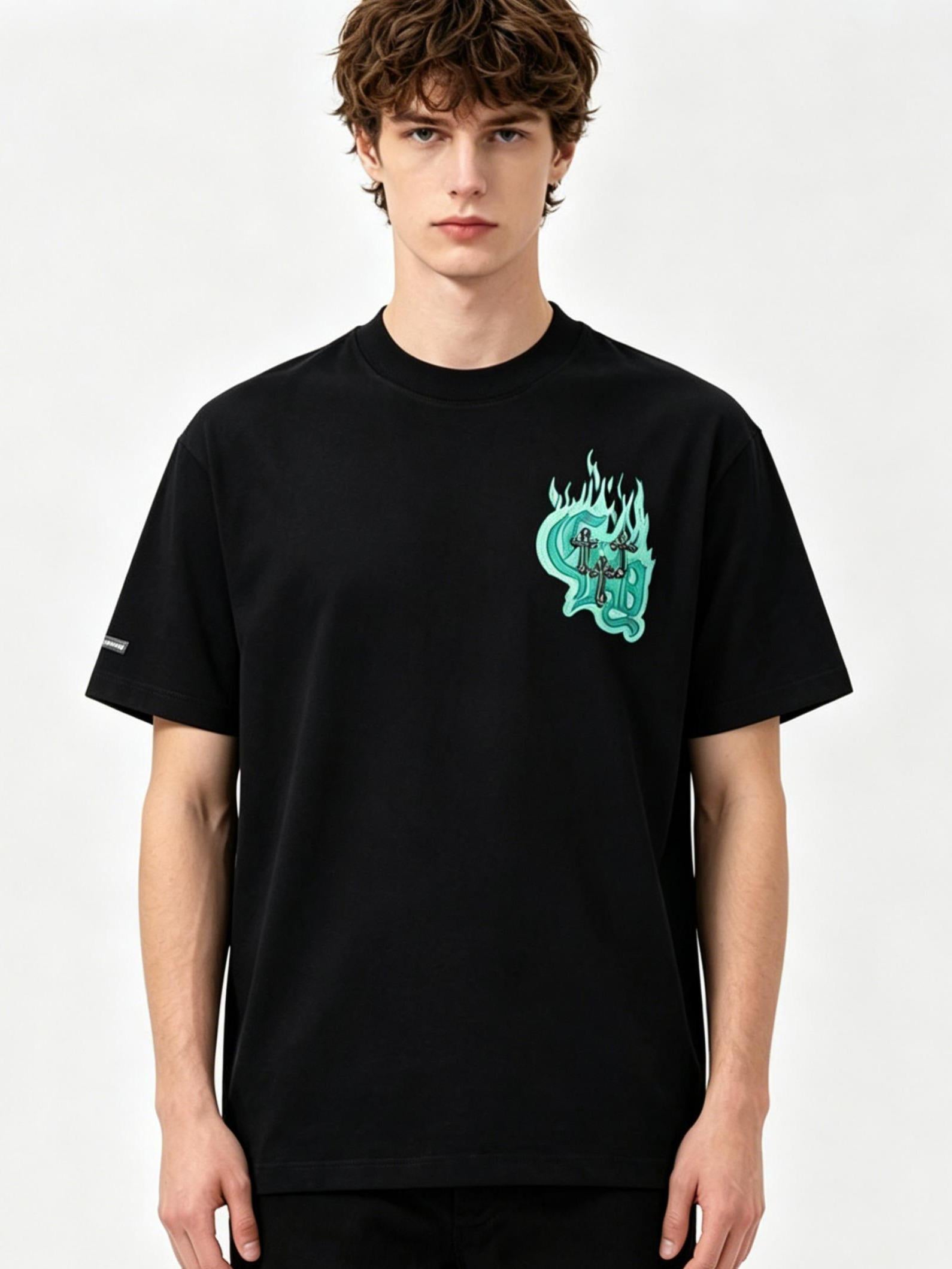 Trendy New Men's T Shirt | 3D Mint Green Flame Horseshoe Pattern | 300g Heavy Cotton High grade Short Sleeve | Korean Style Loose Streetwear