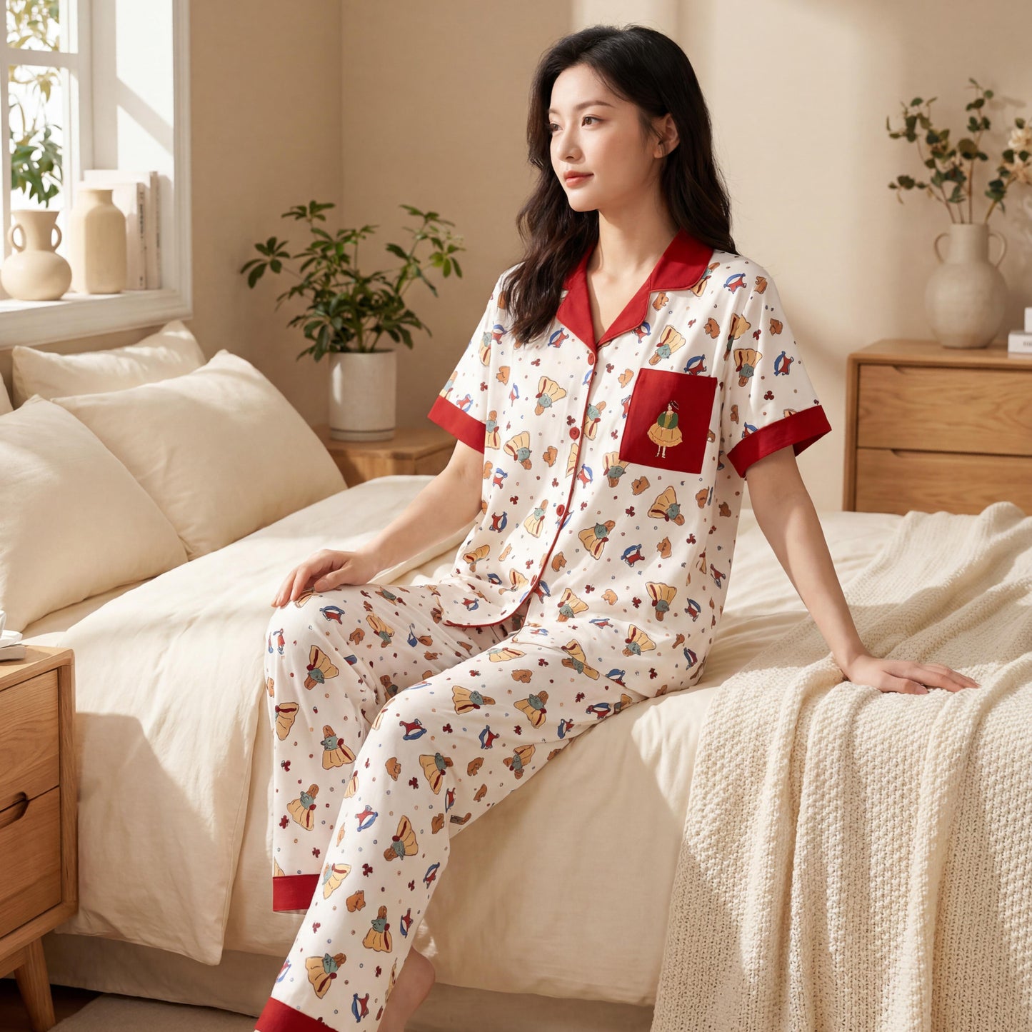 韓式可愛卡通童話女孩印花三件式睡衣 | 奶油番茄紅柔軟透氣褶皺棉家居服 | 短袖紐帶襯衫 + 短褲 + 長褲組合 | 女士及少女休閒居家服
